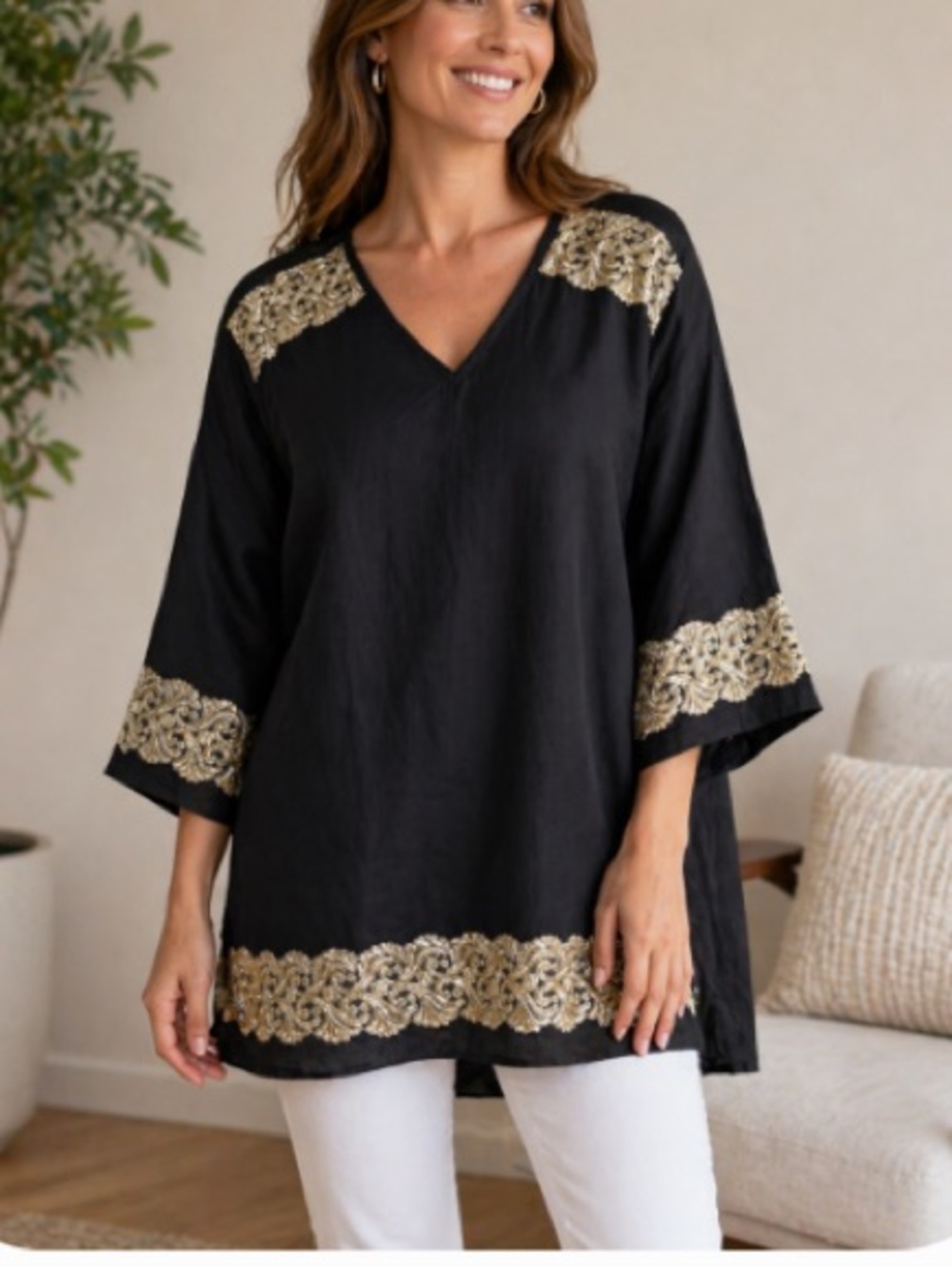 Prestige Original Linen Black Tunic with Gold Lace Trim